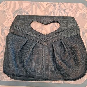 Teal Blue Green Geometric Pattern Pleated Leather Clutch W/Heart Cutout Boho